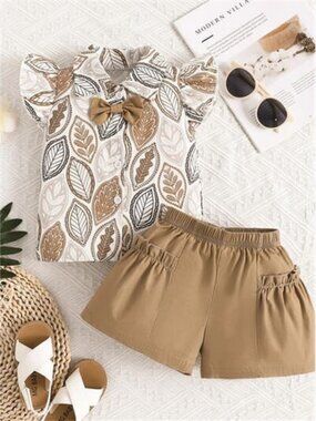 Children's Leaf Print Bow Decor Top and Shorts Set